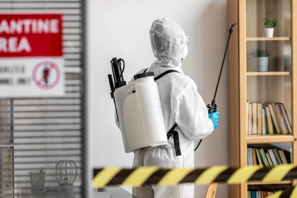 Biohazard Cleanup Crew Member Spraying Home in Pasadena, CA