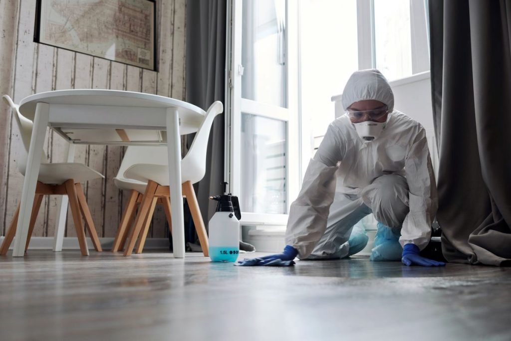 A floor being sanitized as part of blood clean up in Burbank