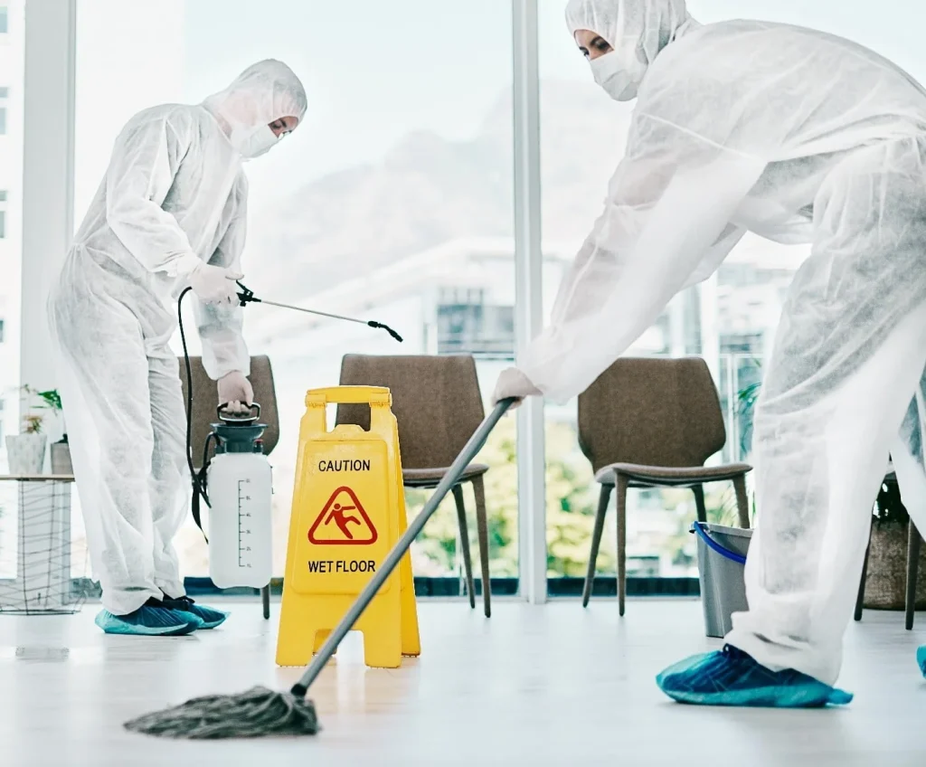 Biohazard cleanup professionals cleaning an office in Riverside, CA